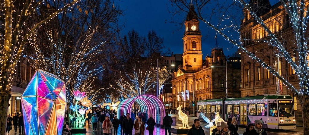 Adelaide city centre lit up with colourful light installations on a winter evening during Illuminate Adelaide