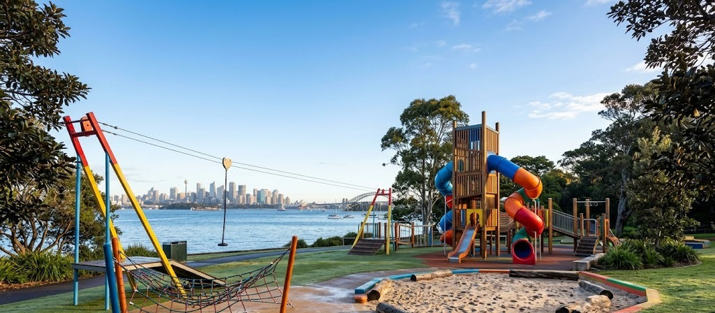 Colourful playground beside Sydney Harbour with climbing tower, slides and sandpit