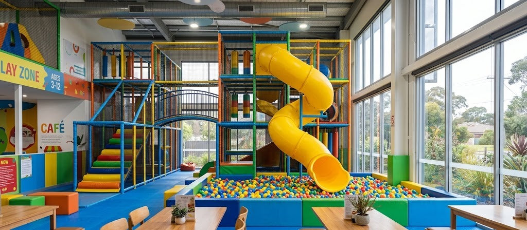 Colourful indoor play centre with multi-level play frame, yellow spiral slide and ball pit