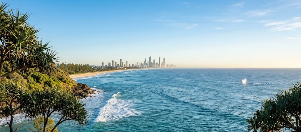 Burleigh Heads headland lookout over the ocean with the Surfers Paradise skyline in the distance, Gold Coast