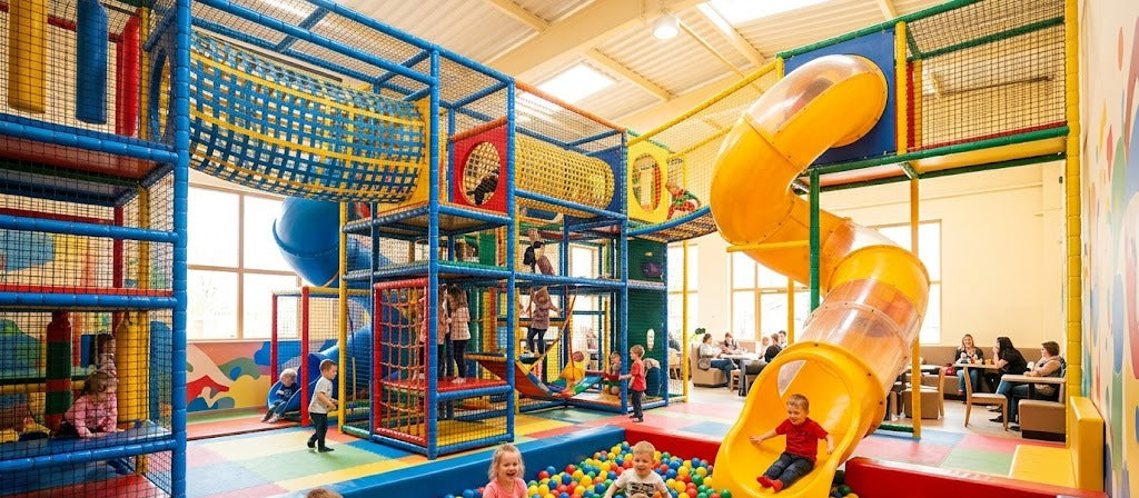 Colourful indoor play centre with ball pit, tube slide and multi-level climbing frames on the Gold Coast