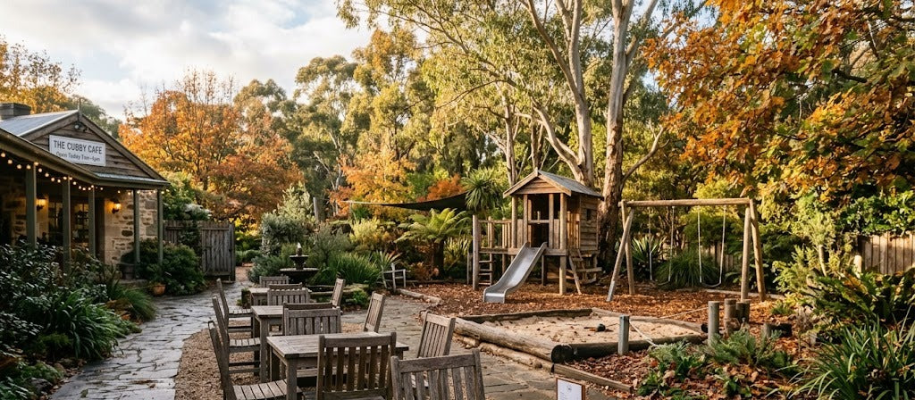 Cosy Canberra garden cafe courtyard with timber tables and a shaded children's playground on a winter morning