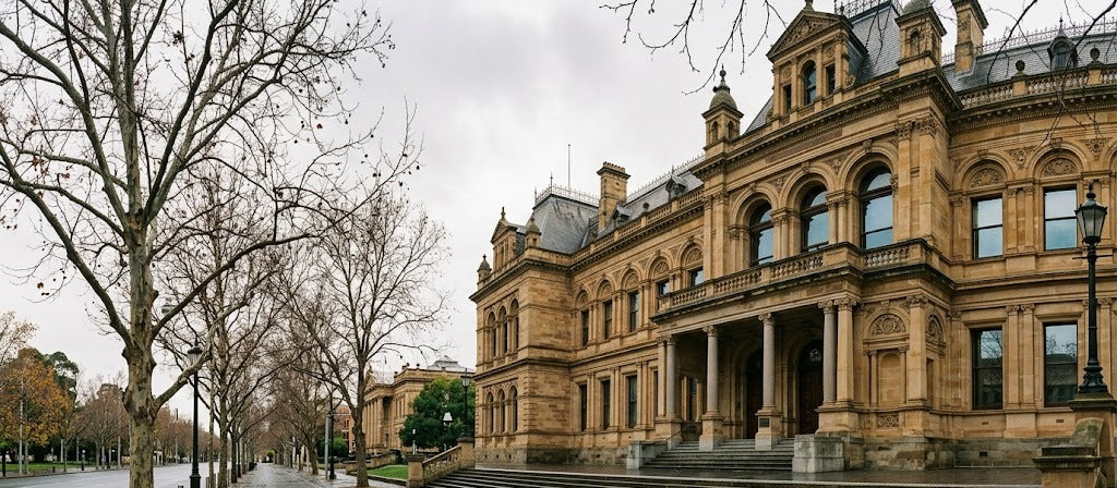 Historic sandstone museum facade on a tree-lined Adelaide boulevard on a winter morning