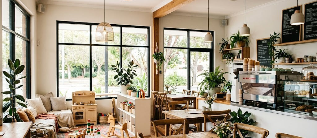 Bright modern kid-friendly cafe interior in Perth with timber tables, plants, an espresso counter and a wooden-toy play nook