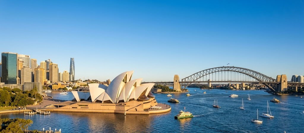 Sydney Opera House and Harbour Bridge on a clear winter afternoon