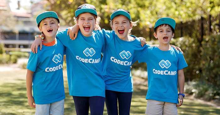 Four smiling kids wearing matching blue Code Camp t-shirts and caps stand arm in arm outdoors on a sunny day, looking happy and excited to learn together.